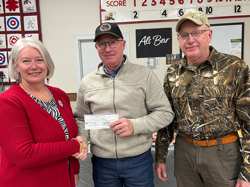 RACF presents their 2024 grant to the Rivers and Area Game and Fish Association: L-R: Jocelyn Beever (Director), Jason Lamb, and Kelvin Lamb
